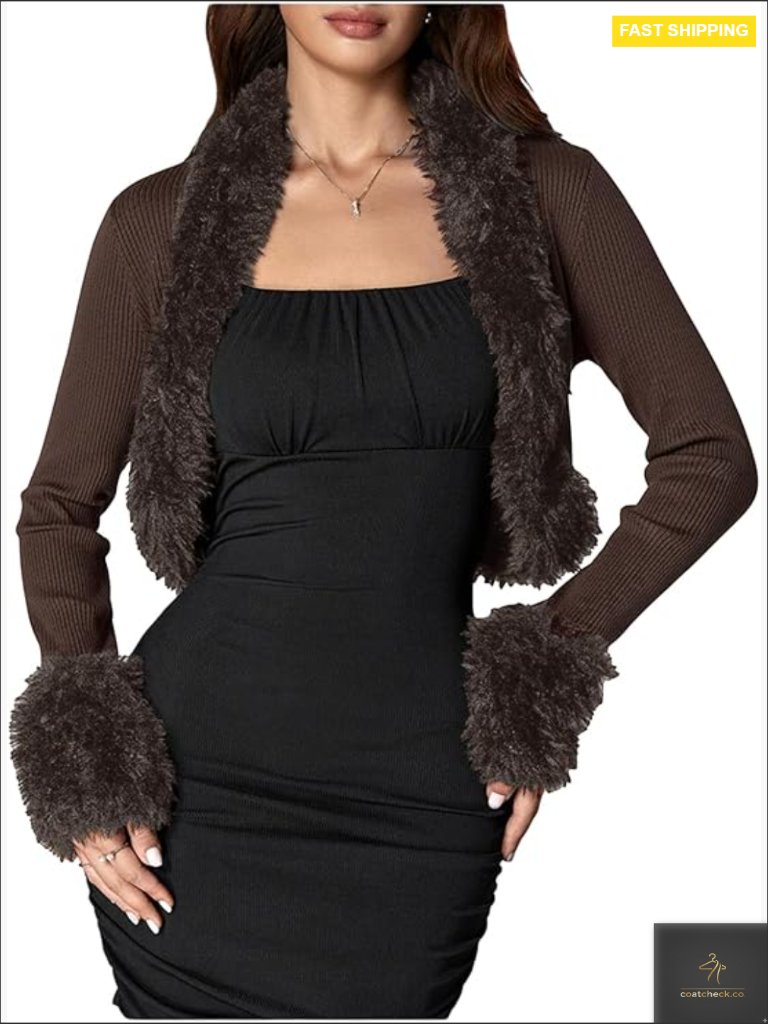 Faux Fur Open Front Crop Jacket Fuzzy Long Sleeve Going Out Outwear